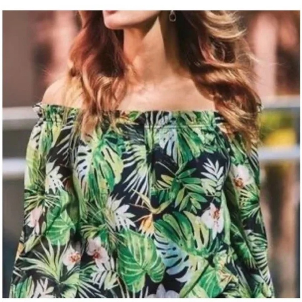 WHITE HOUSE BLACK MARKET TROPICAL PALM PRINT OFF THE SHOULDER BLOUSE RESORT